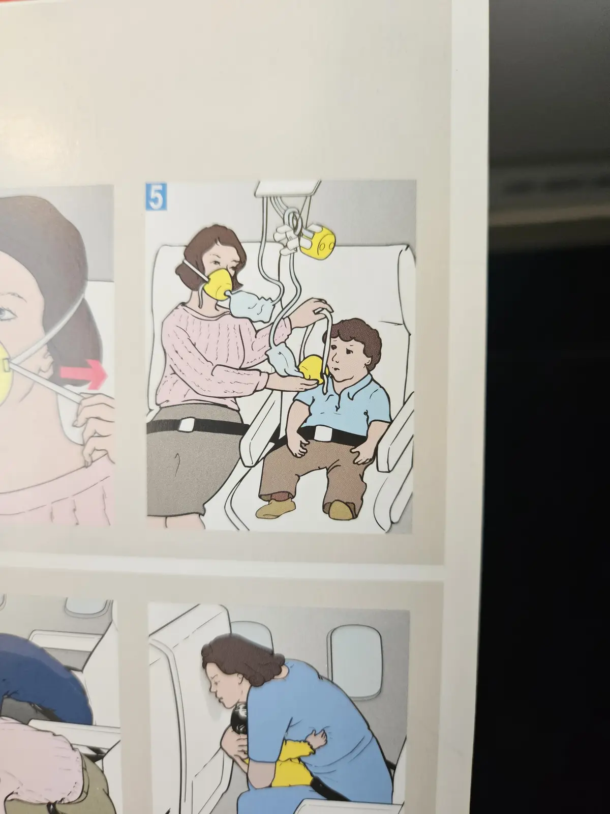 An airplane safety instruction diagram shows a woman wearing an oxygen mask while simultaneously helping a child put on…