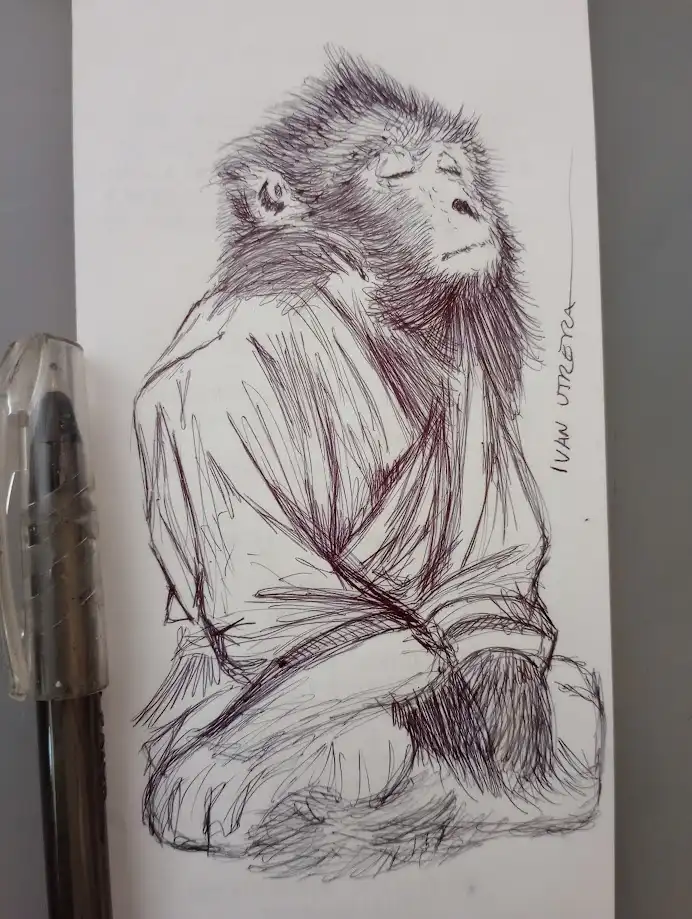 A hand-drawn sketch of a monkey sitting cross-legged with eyes closed, appearing meditative or contemplative. A pen rests…