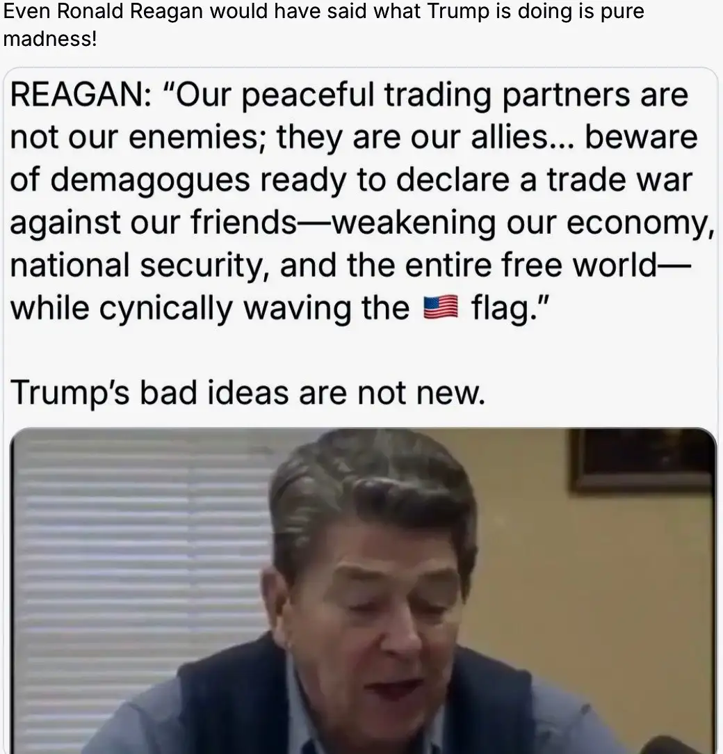 The image shows a close-up of Ronald Reagan speaking, with overlaid text quoting him as warning against demagogues declaring…