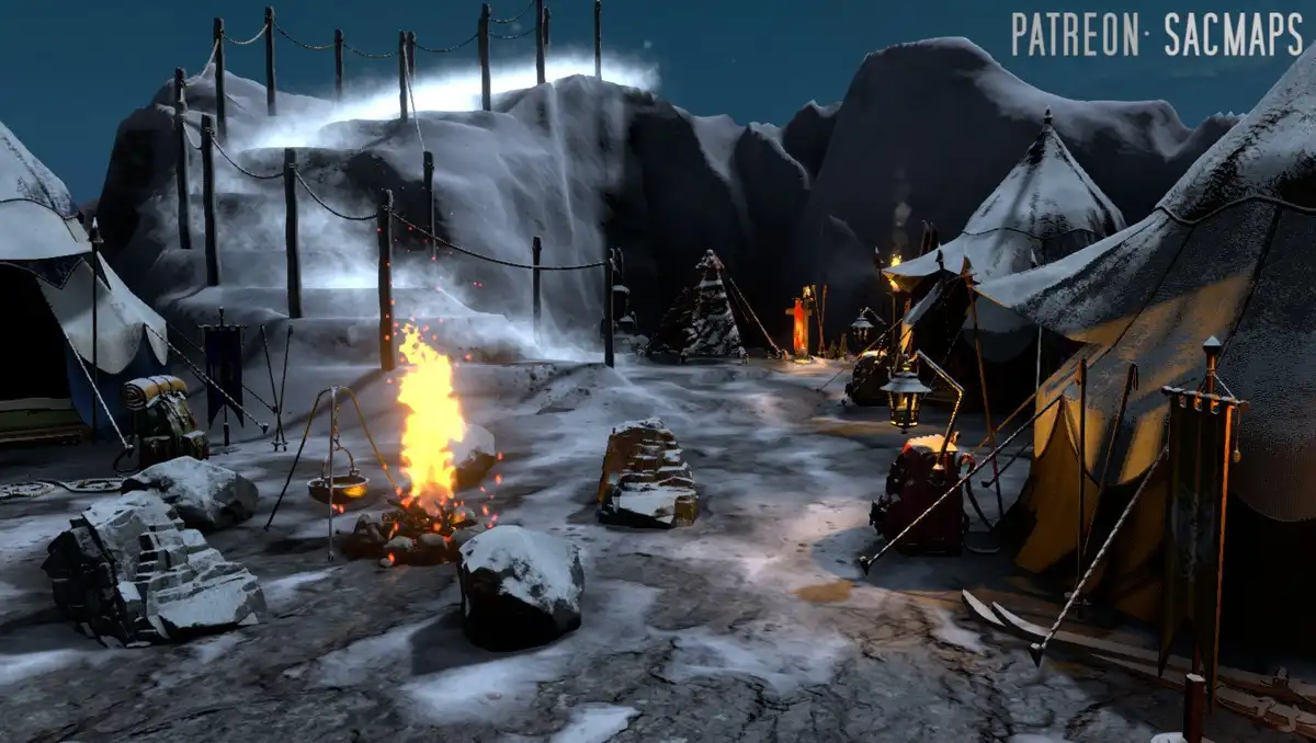 A snowy, nighttime campsite with tents, a central campfire, and a glowing waterfall in the background. The image has…