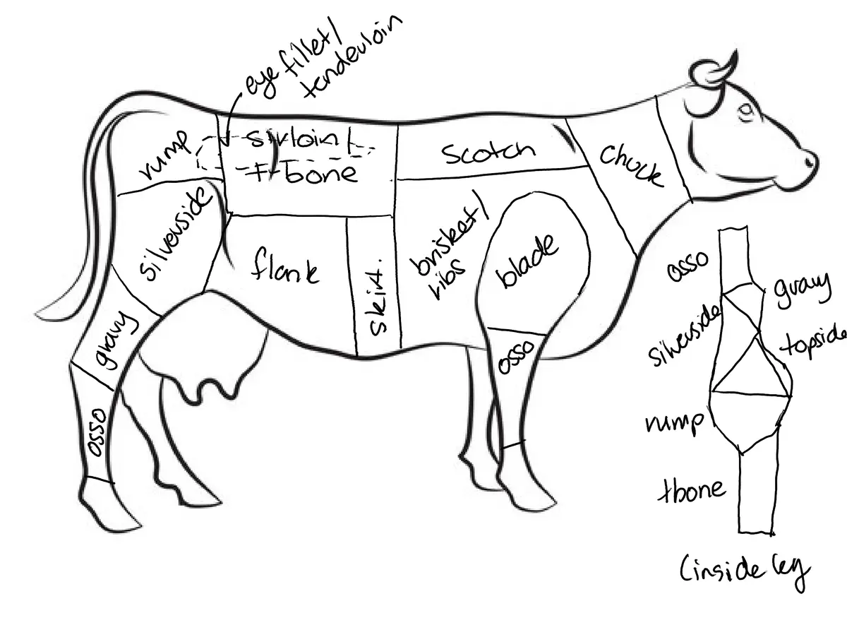 A hand-drawn black-and-white diagram of a cow labeled with various cuts of beef, including 'eye fillet/tenderloin'…