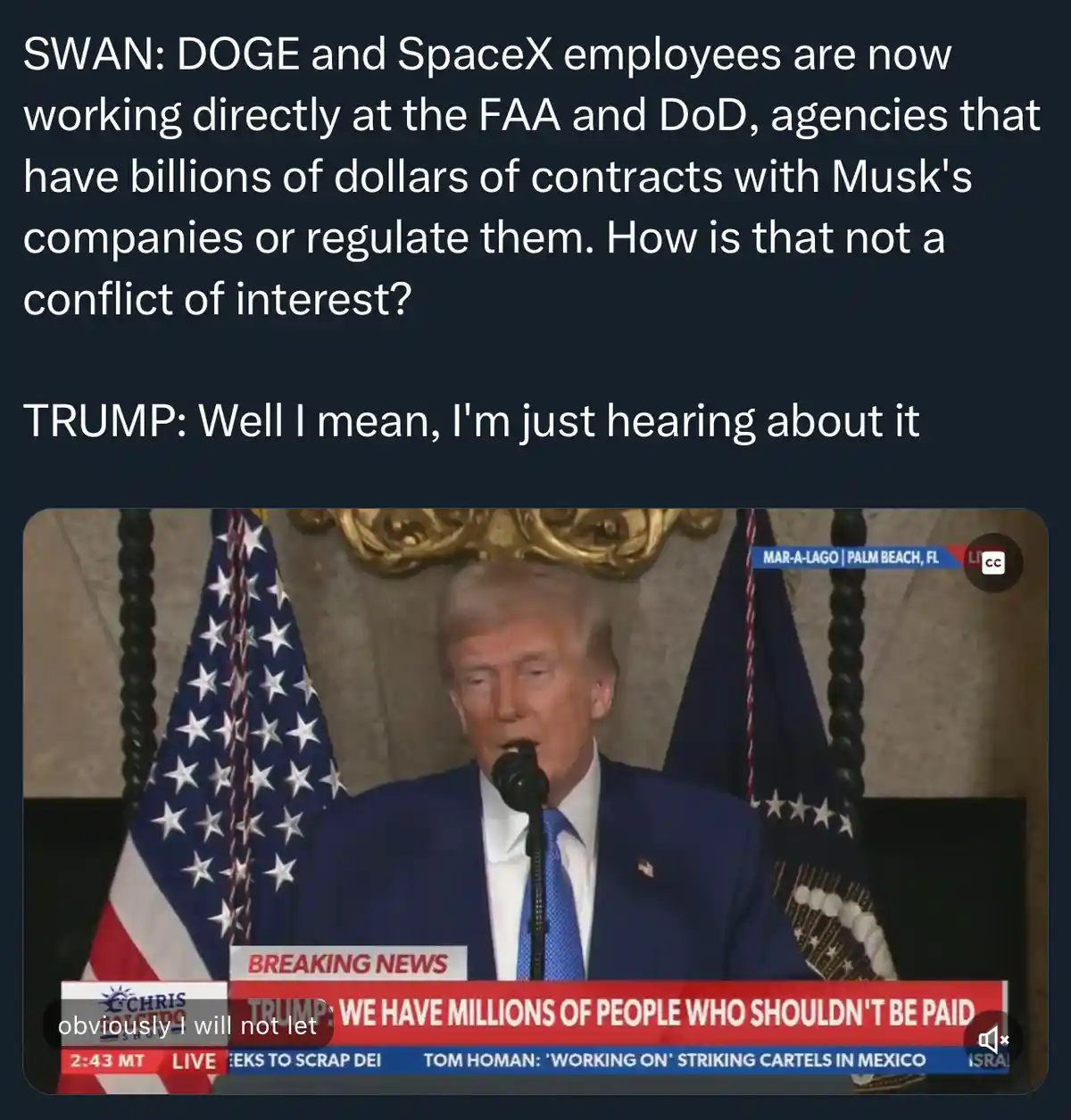 A screenshot of Donald Trump speaking at a podium with American flags behind him, overlaid with text. The top text asks…