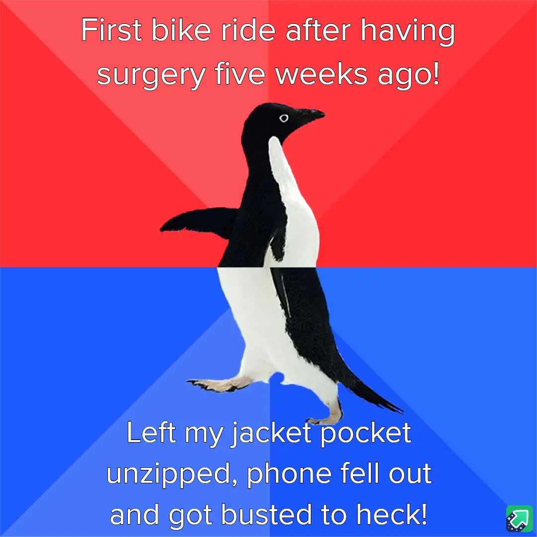 A penguin stands against a red and blue background, with text above it reading 'First bike ride after having surgery five…