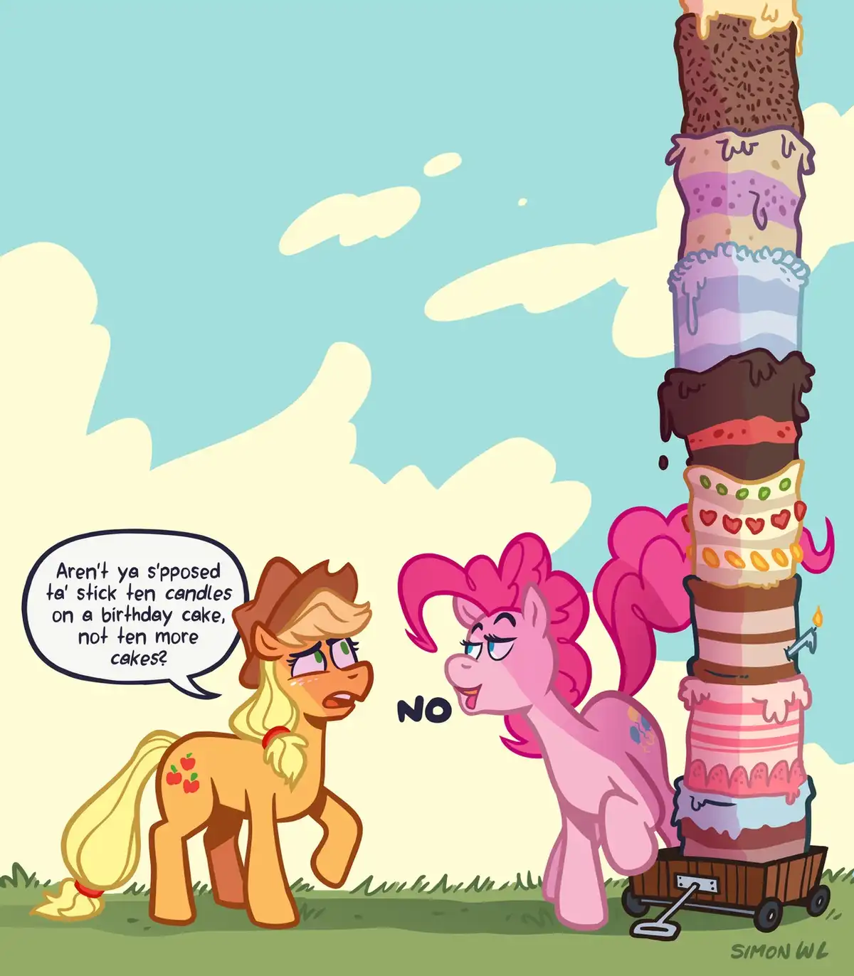 A cartoon pony with blonde hair and an apple cutie mark looks confused and asks why there are ten stacked cakes instead of…
