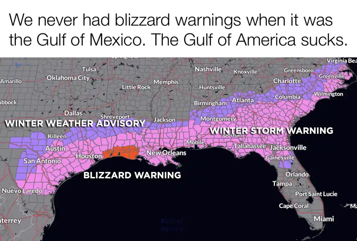 A weather map of the southeastern United States shows winter storm warnings and advisories across states bordering the Gulf…