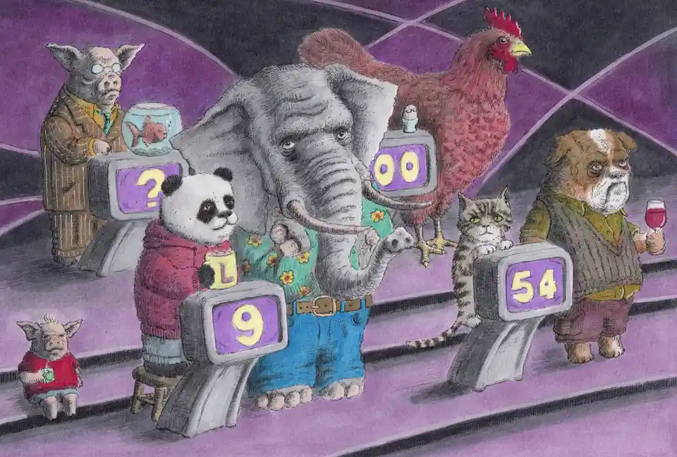 An illustrated scene shows anthropomorphic animals like an elephant, panda, chicken, cat, and dog sitting in a game show…