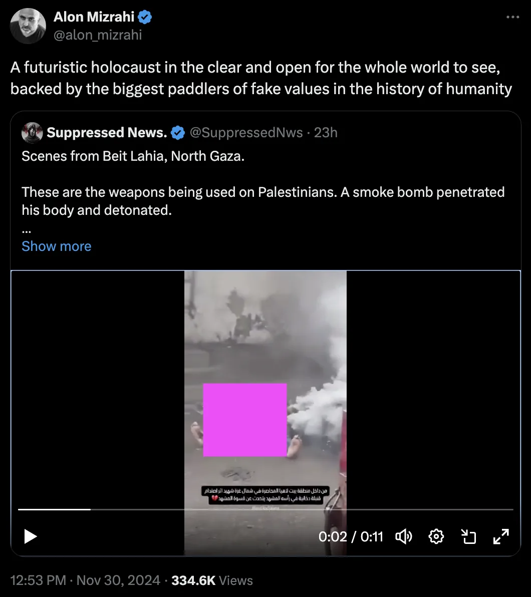 A screenshot of a tweet by Alon Mizrahi showing a video clip with a large pink rectangle obscuring the central figure. The…