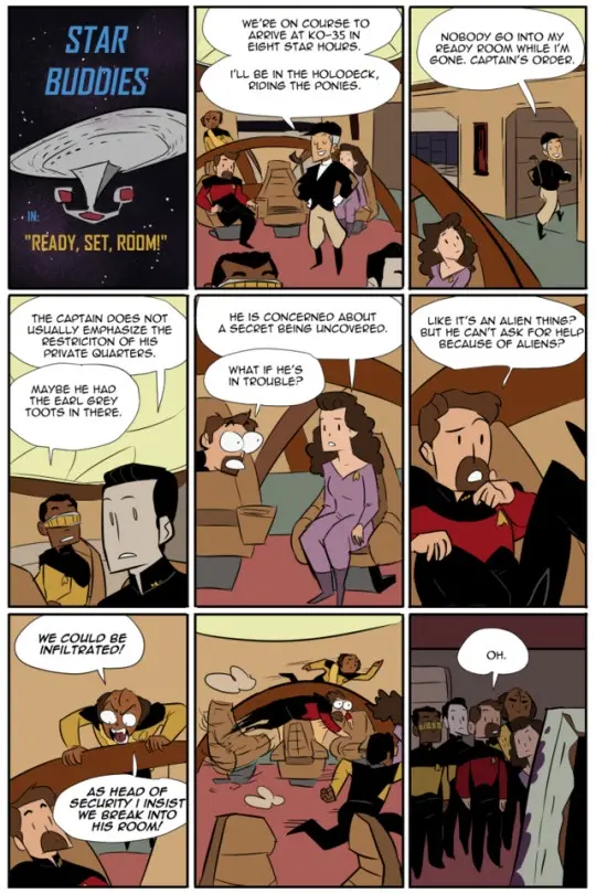 A six-panel comic strip titled 'Star Buddies' depicts a Star Trek parody where the captain orders everyone to stay out of…