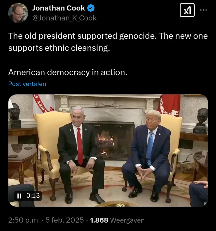 A screenshot of a tweet by Jonathan Cook showing two men, Benjamin Netanyahu and Donald Trump, seated in chairs in front of…
