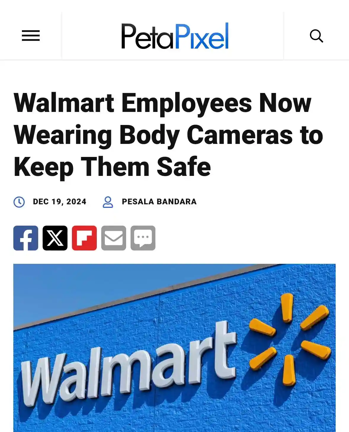 An image of a PetaPixel news article header with the headline 'Walmart Employees Now Wearing Body Cameras to Keep Them Safe'…