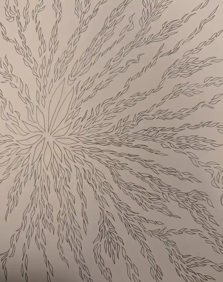 The image shows a detailed black-and-white line drawing on light-colored paper, depicting a radial pattern resembling a…