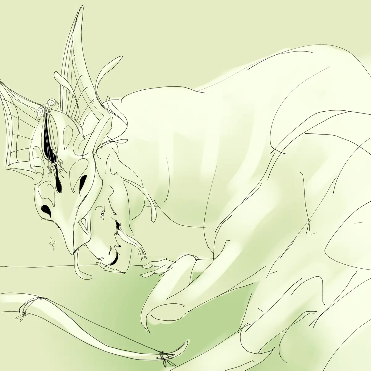 A stylized, light green dragon-like creature with horns and wings is lying down, looking sad with a tear falling from its…