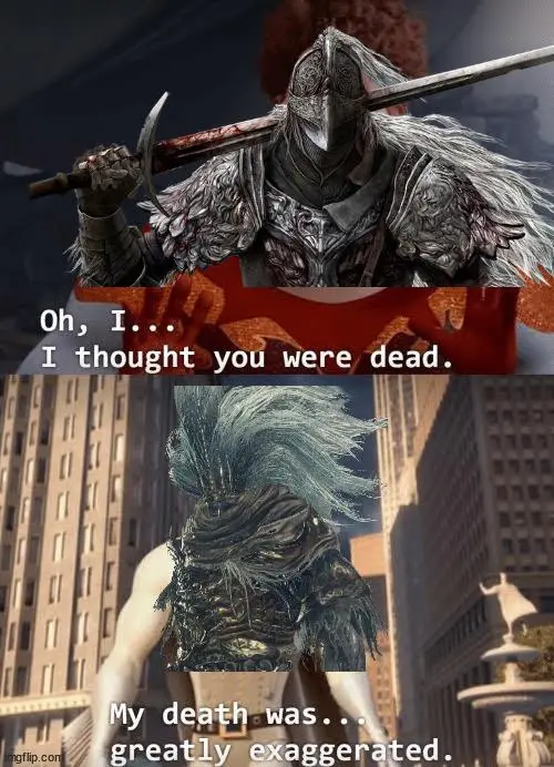The image is a two-panel meme featuring characters from the video game Dark Souls. The top panel shows a knight in ornate…