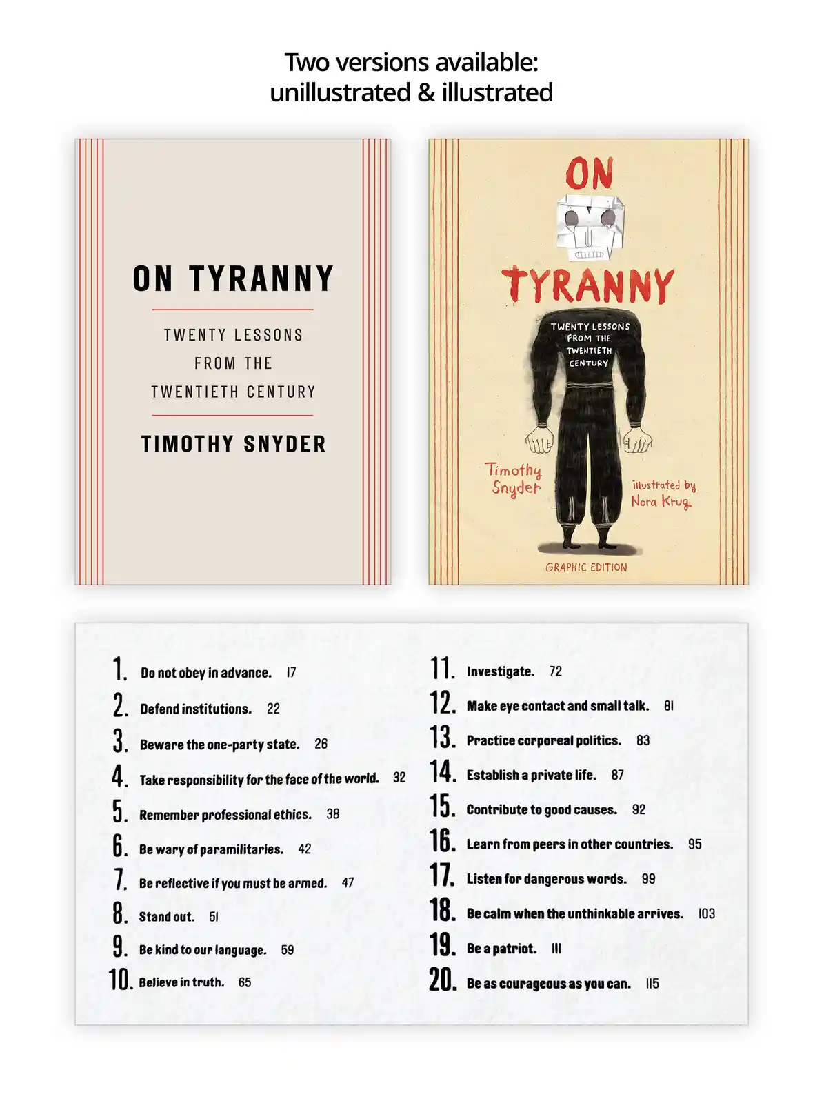 The image displays two book covers for 'On Tyranny' by Timothy Snyder: a plain beige version and a graphic edition with a…