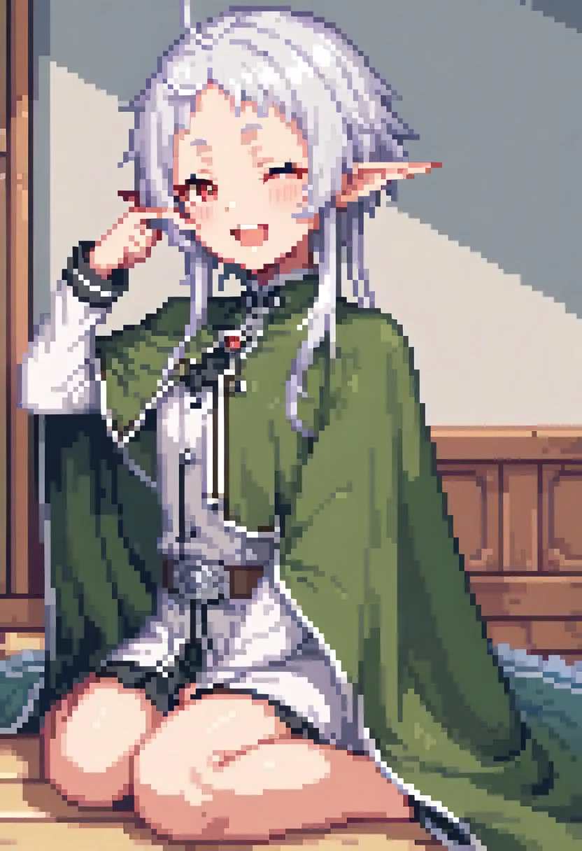 A pixel-art anime girl with silver hair and pointed ears sits cross-legged, smiling and winking while touching her cheek…