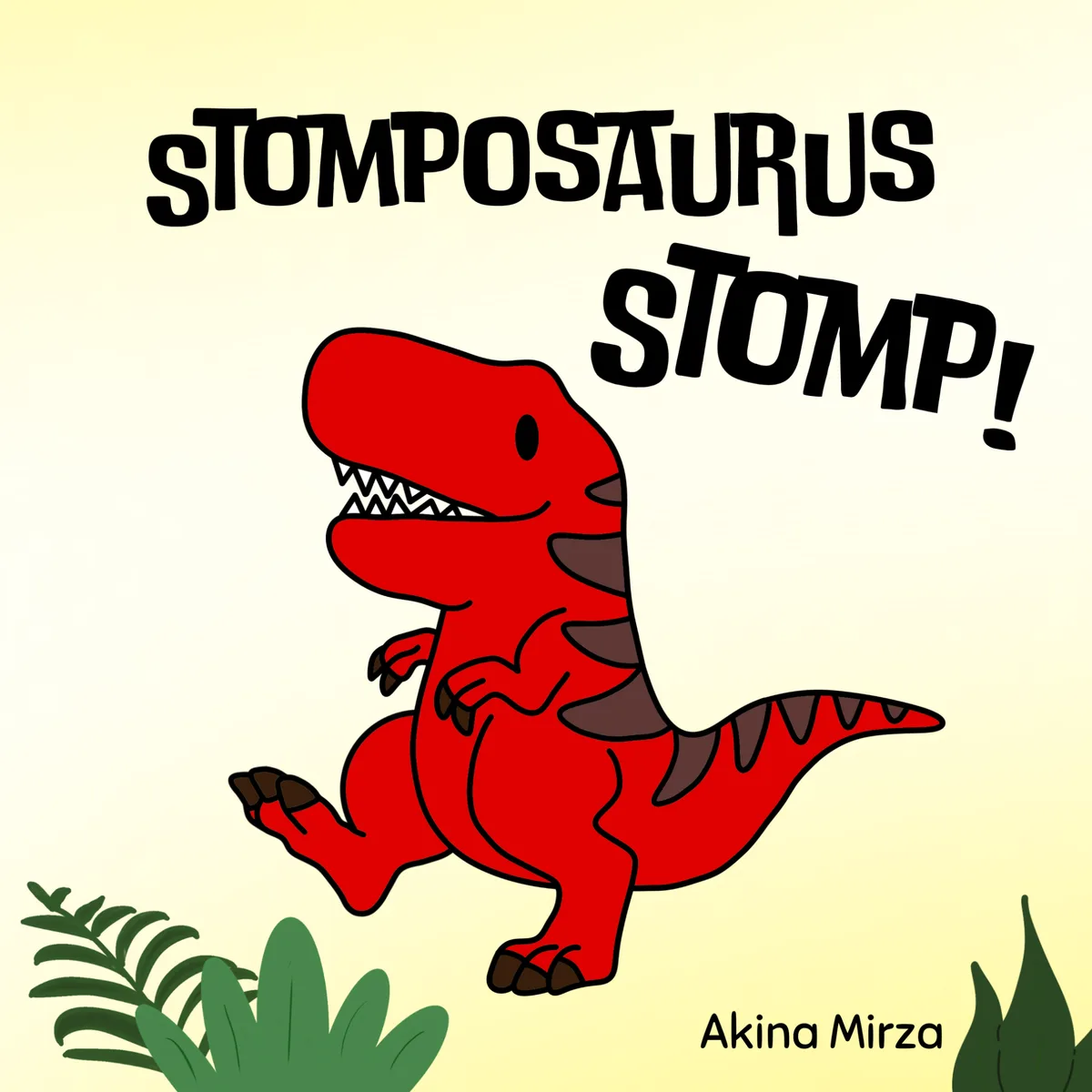 A cartoon red Tyrannosaurus Rex with brown claws and spikes is shown mid-stomp against a pale yellow background with green…
