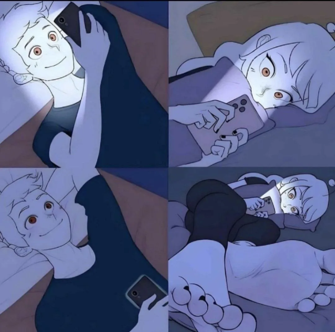 A four-panel anime-style comic shows a person lying in bed, initially smiling while using their phone, then progressively…