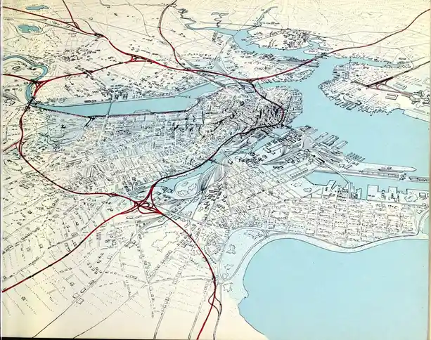 A vintage-style city map shows a dense urban area with numerous waterways and landmasses, overlaid with thick red lines that…
