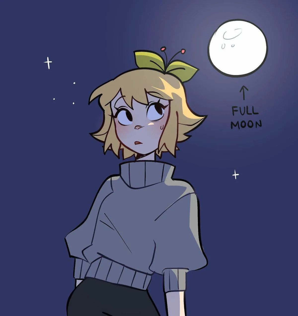An anime-style girl with blonde hair and a leaf headband looks up nervously at a full moon labeled 'FULL MOON' with an arrow…
