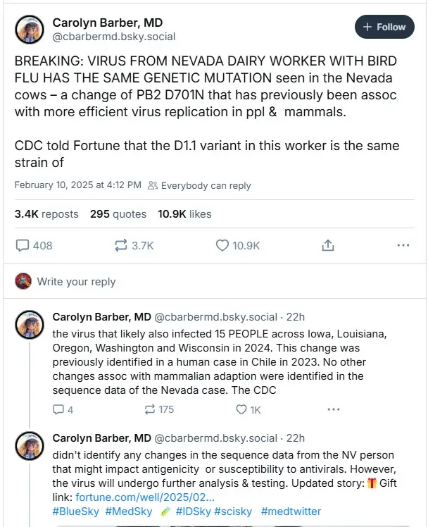 A screenshot of a social media post by 'Carolyn Barber, MD' detailing a breaking news alert about a bird flu virus from a…