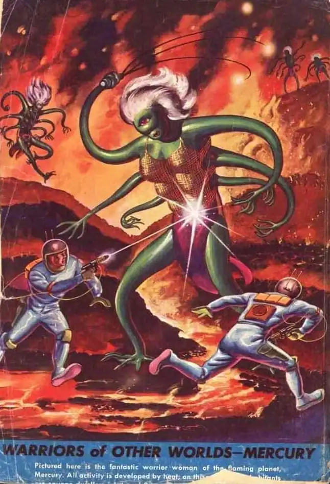 A vintage science fiction illustration depicts two astronauts in blue space suits battling a large, green-skinned…