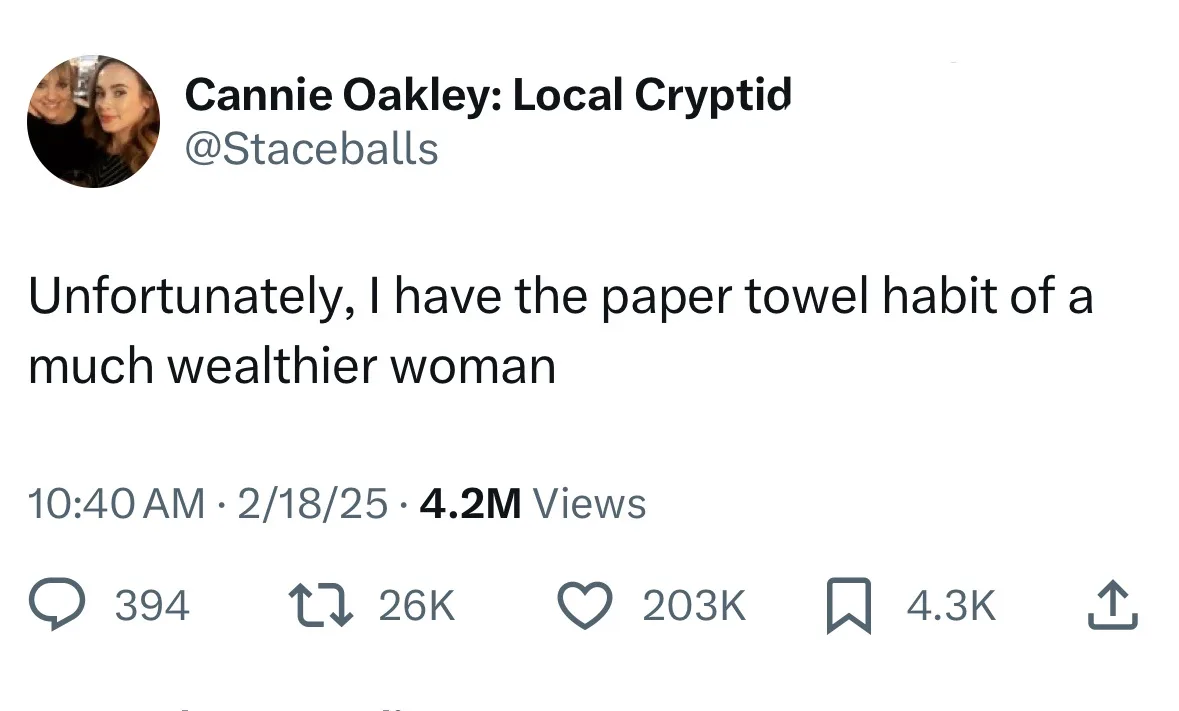A screenshot of a social media post by 'Cannie Oakley: Local Cryptid' (@Staceballs) showing a tweet that reads…