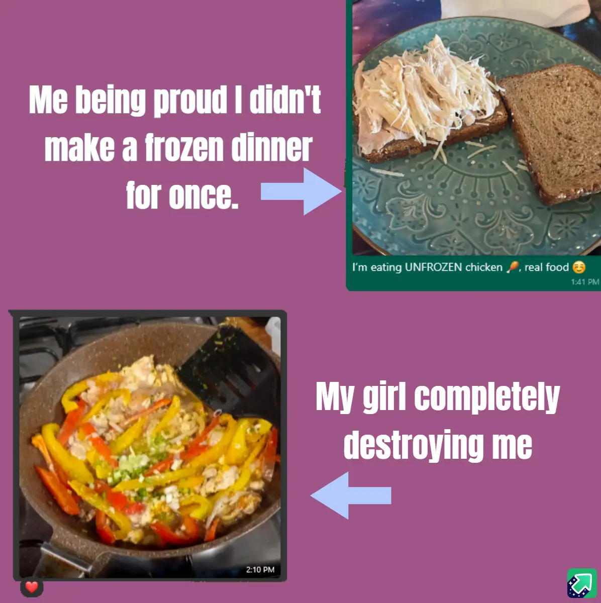 The image shows a split-screen meme. The top right panel displays a plate with shredded chicken on toast, with overlaid text…