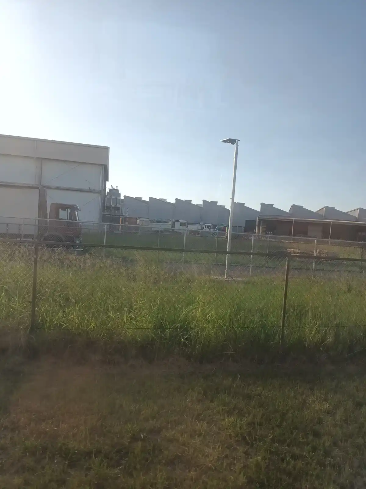A photo taken from inside a vehicle shows a chain-link fence in the foreground with tall grass beyond it. Behind the fence…