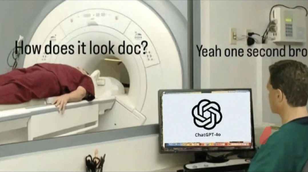 A patient in a red gown lies on a medical MRI machine, asking 'How does it look doc?' while a doctor in green scrubs sits at…