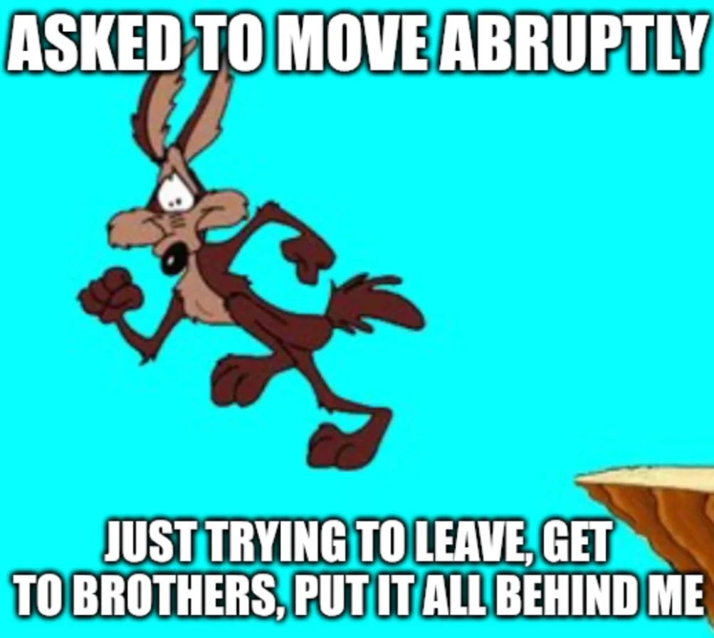 A cartoon coyote, Wile E. Coyote, is shown mid-air, running frantically with a panicked expression, seemingly falling off a…