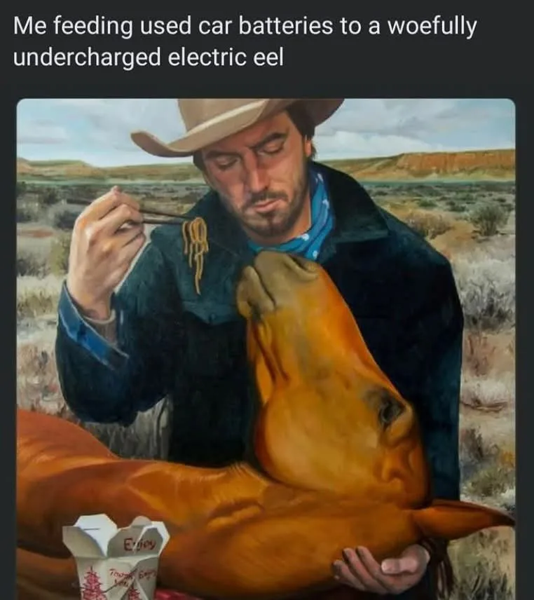 A painting depicts a man in a cowboy hat and blue shirt feeding noodles to a horse with a takeout container labeled 'Enjoy'…