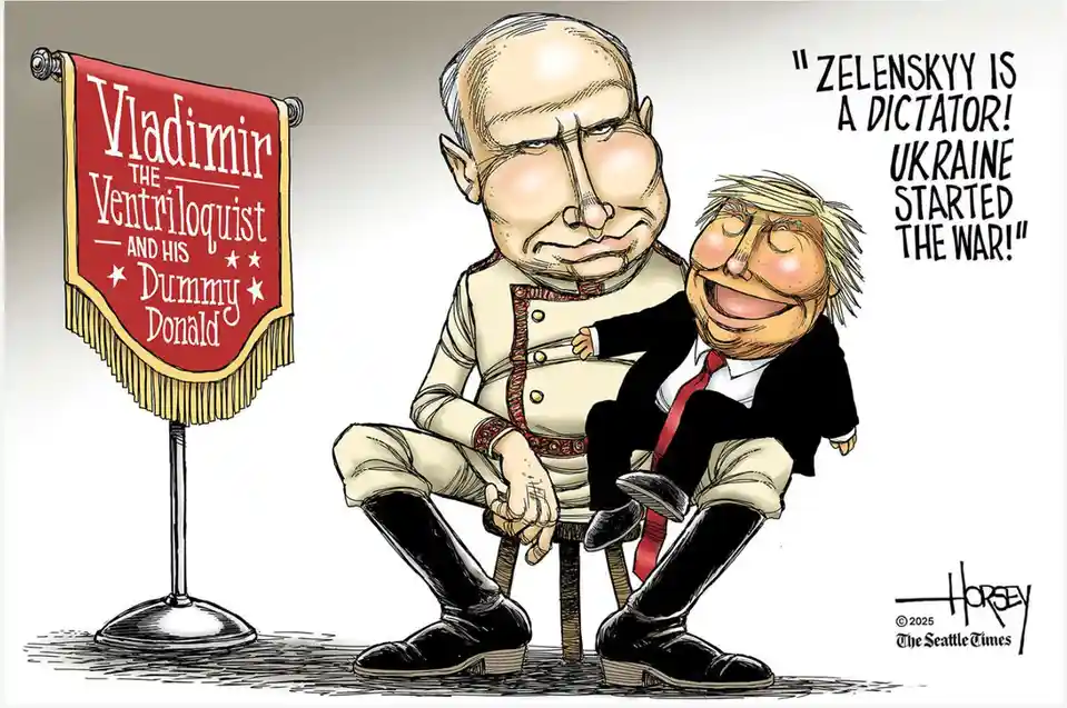 A political cartoon depicts a caricature of Vladimir Putin seated on a stool, holding a puppet resembling Donald Trump, who…