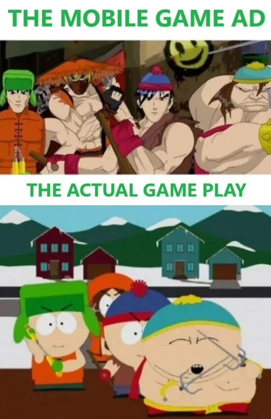 The image is split into two panels. The top panel shows anime-style fighters from a mobile game ad, labeled 'THE MOBILE GAME…