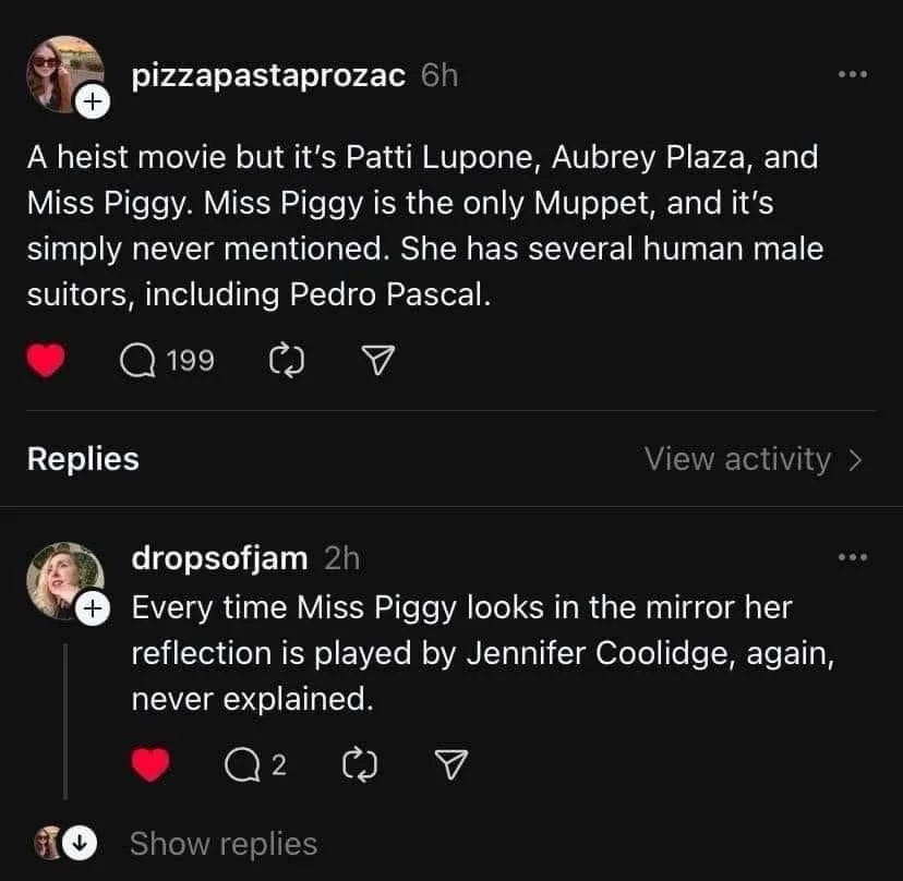 A screenshot of a Reddit comment thread where the top comment humorously describes a fictional heist movie starring Patti…