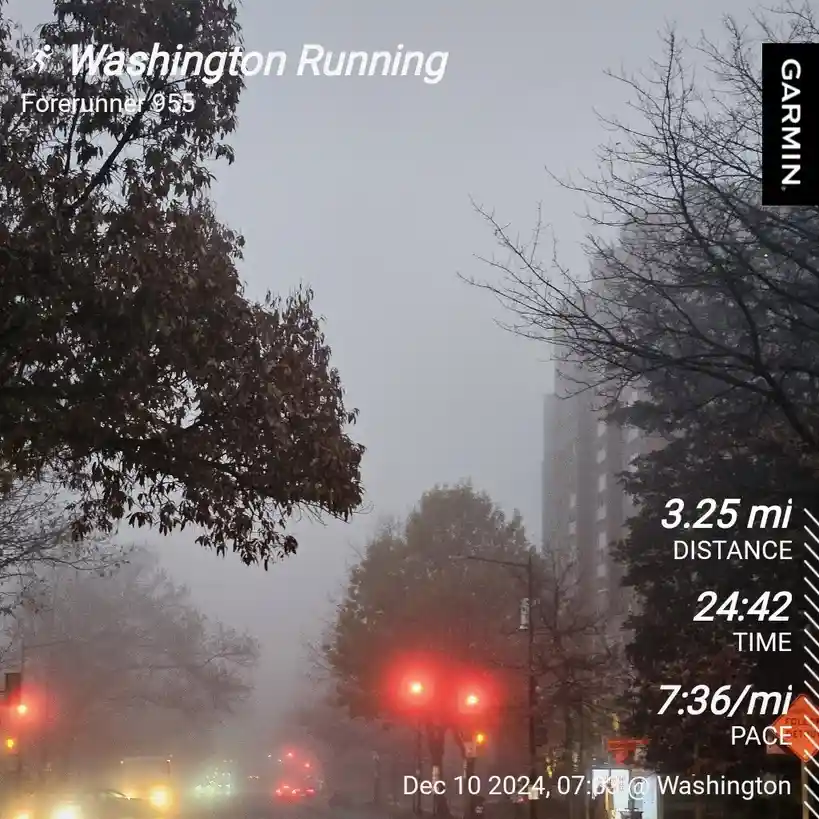 A screenshot from a Garmin Forerunner 955 GPS watch showing a running session in Washington on Dec 10, 2024, at 7:00 AM. The…