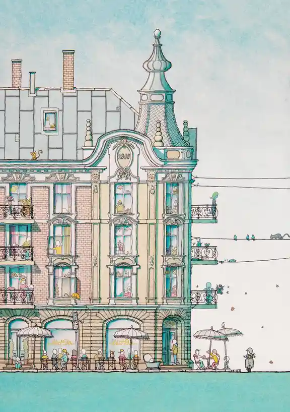 A whimsical, colorful illustration of a multi-story European-style building with ornate architecture and numerous windows…