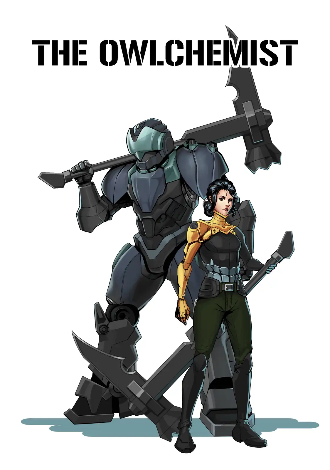 An illustration shows a female character in a black and gold outfit standing beside a large, armored robot holding a giant…