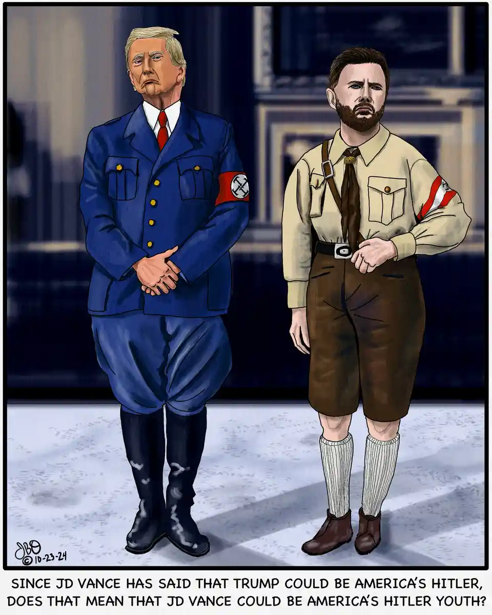 Two men in Nazi-era uniforms stand side by side; the taller one wears a blue uniform with a red armband featuring a…