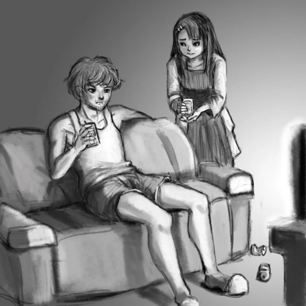 A grayscale sketch shows a man in a tank top sitting on a couch holding a drink, looking unimpressed, while a girl in a…
