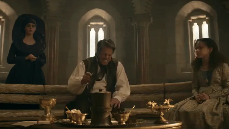 A split-screen meme shows a man in medieval attire repeatedly apologizing for scorching tea while a woman looks on. The top…