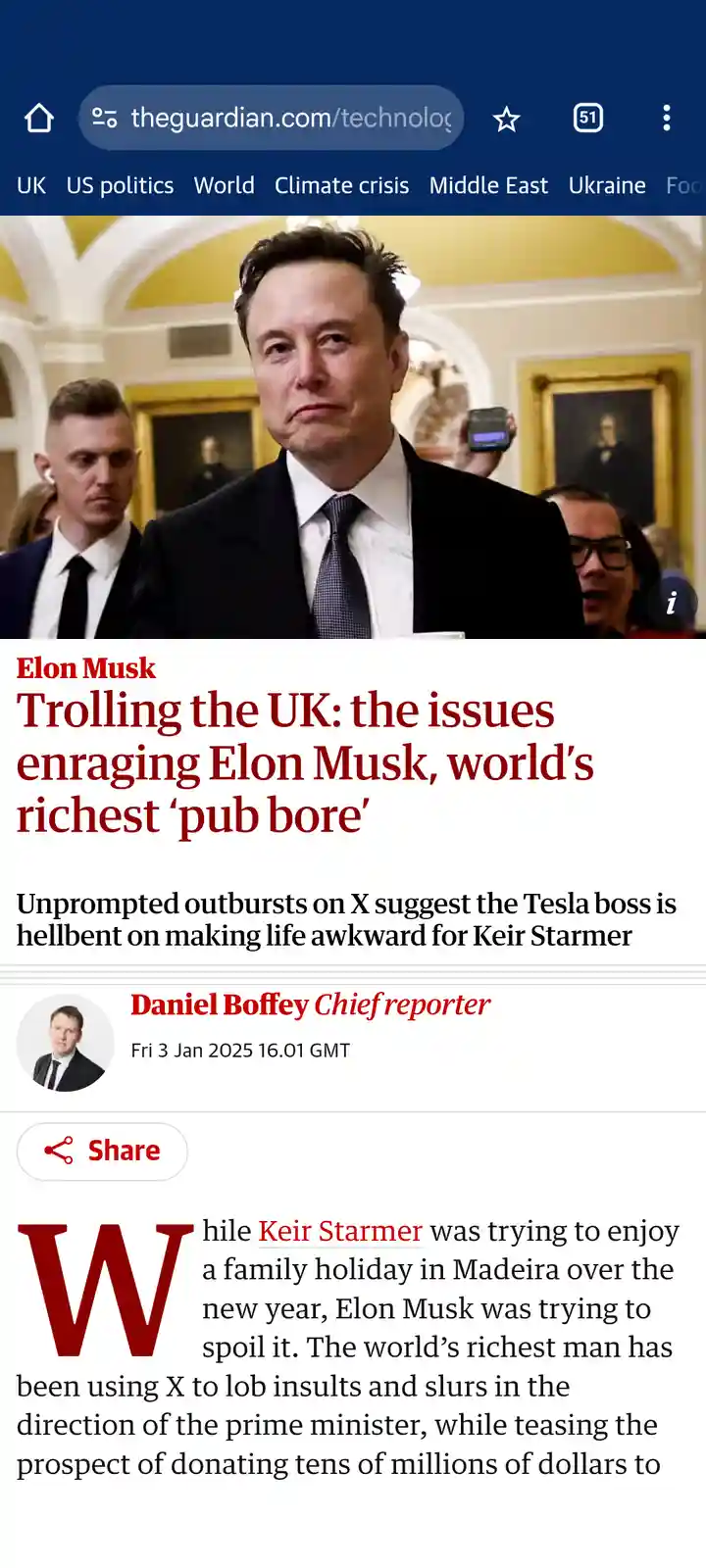 A screenshot of a Guardian article with a photo of Elon Musk looking displeased, overlaid with the headline 'Elon Musk…