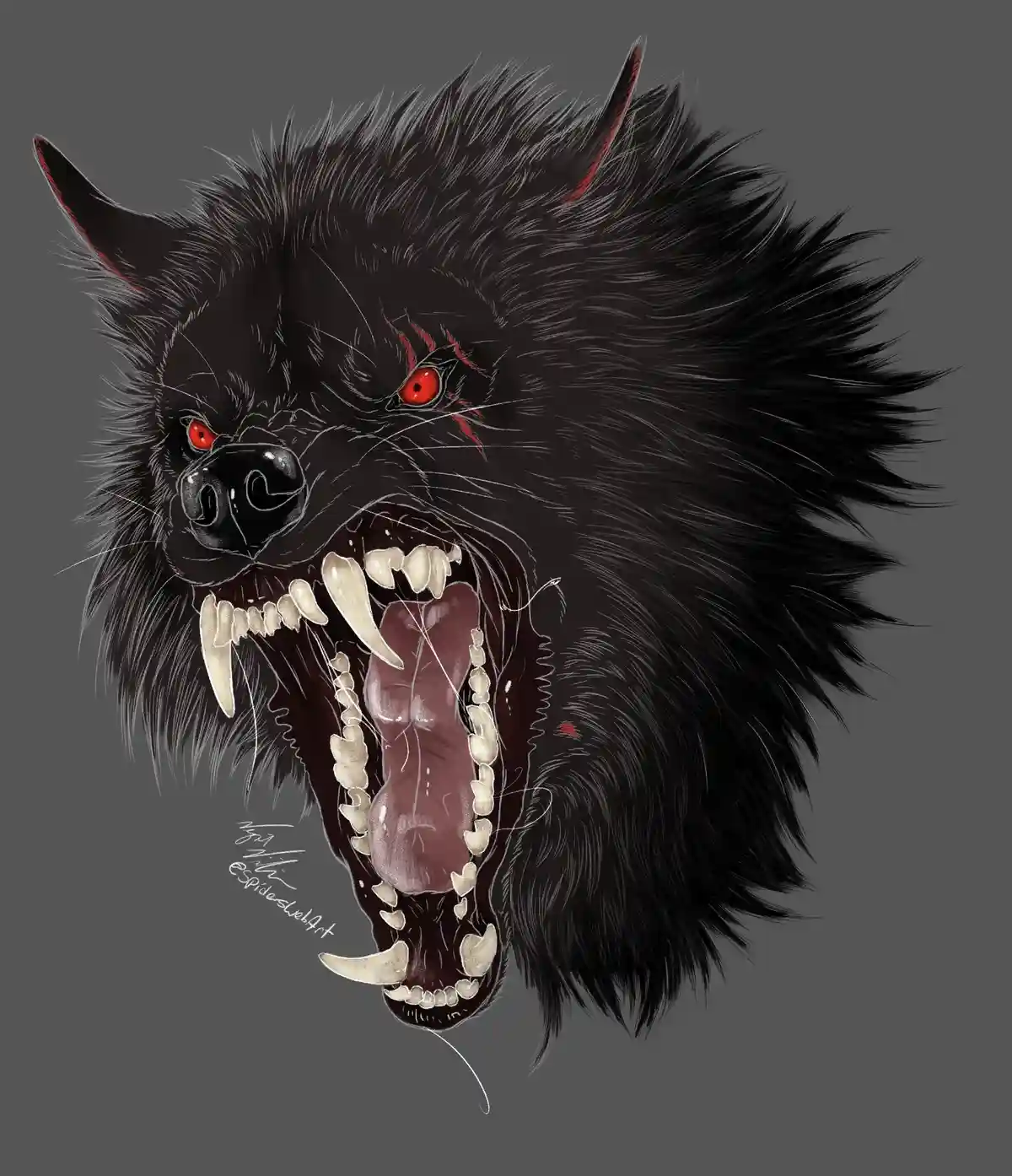 A digital illustration of a menacing black wolf with glowing red eyes, sharp fangs, and an open mouth showing its tongue…