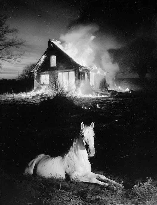 A black-and-white photo shows a white horse calmly lying down in the foreground as a house behind it burns intensely in the…