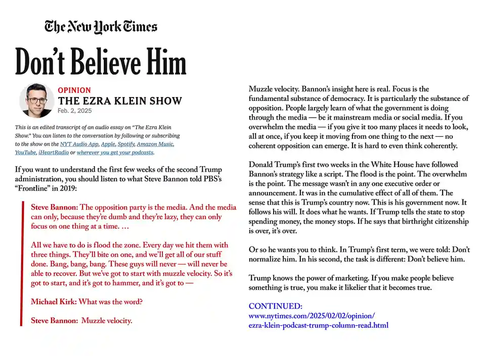 This image is a screenshot of a New York Times opinion piece from February 2, 2025, titled 'Don't Believe Him,' featuring an…