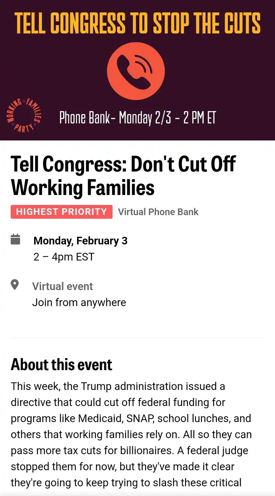 A screenshot of a 'Working Families Party' virtual phone bank event page urging people to call Congress to stop cuts to…