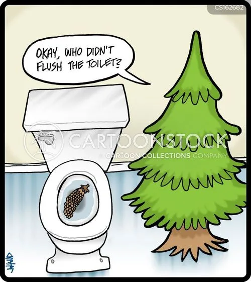 A cartoon depicts a white toilet with its lid up, showing a pinecone floating in the bowl. To the right stands a full-sized…