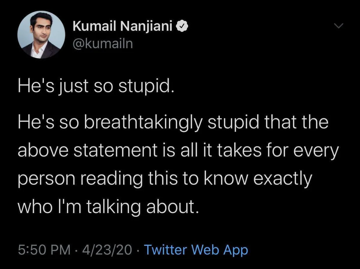 A screenshot of a tweet by Kumail Nanjiani showing his profile picture and handle, with white text on a black background…