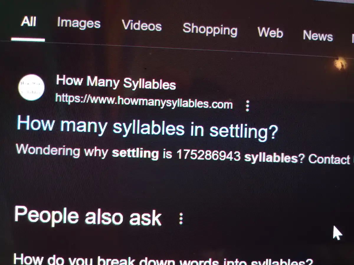 A screenshot of a Google search results page showing a result from 'How Many Syllables' website. The result humorously…