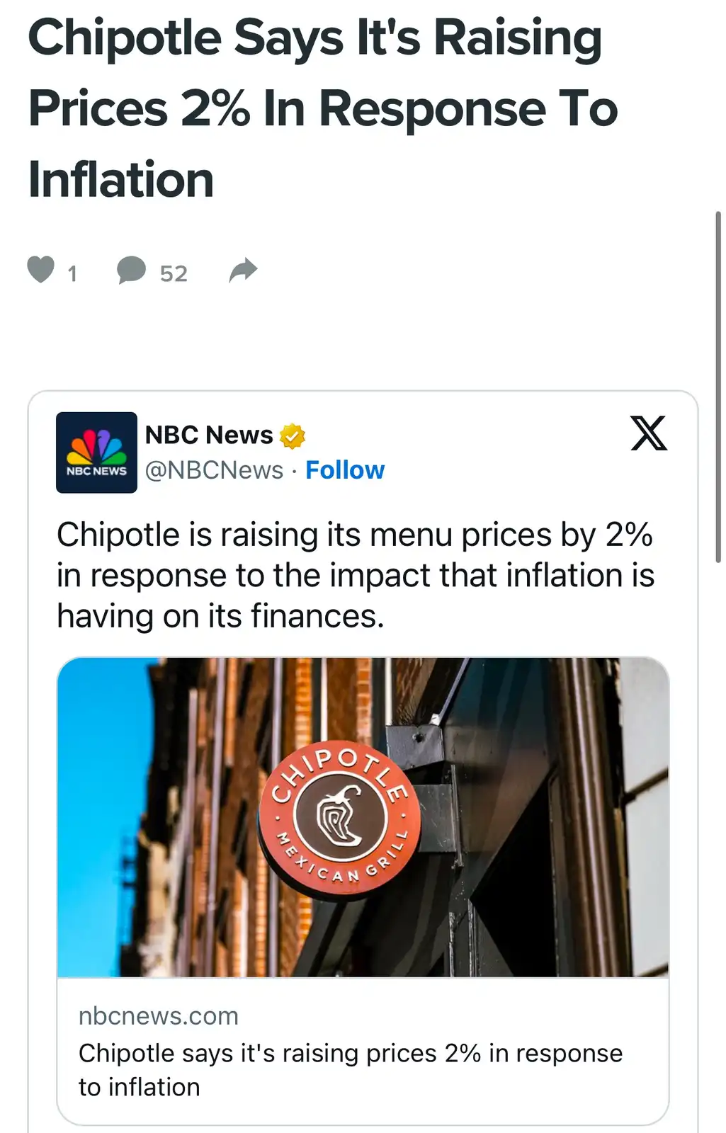 A screenshot of an NBC News X (Twitter) post showing a Chipotle Mexican Grill sign. The post's text states Chipotle is…