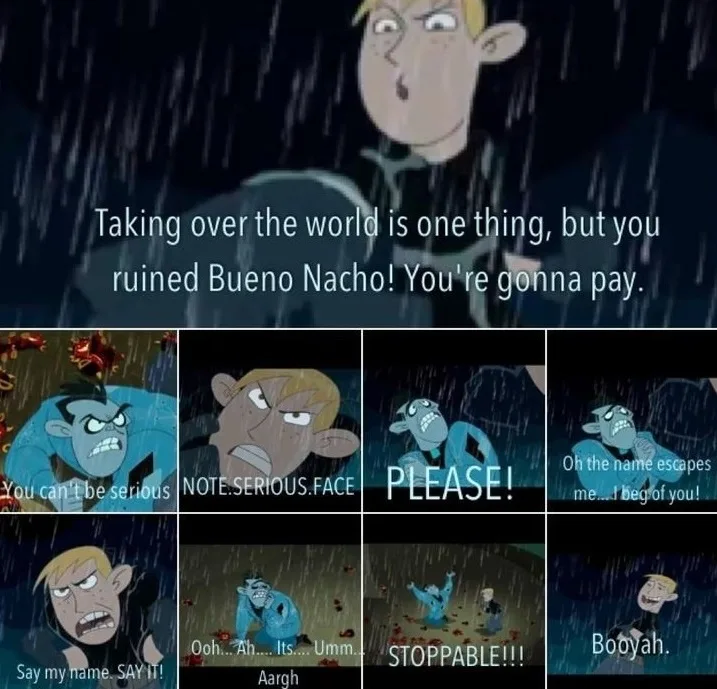 A meme collage from the animated series 'The Spectacular Spider-Man' showing a character in the rain demanding revenge for…